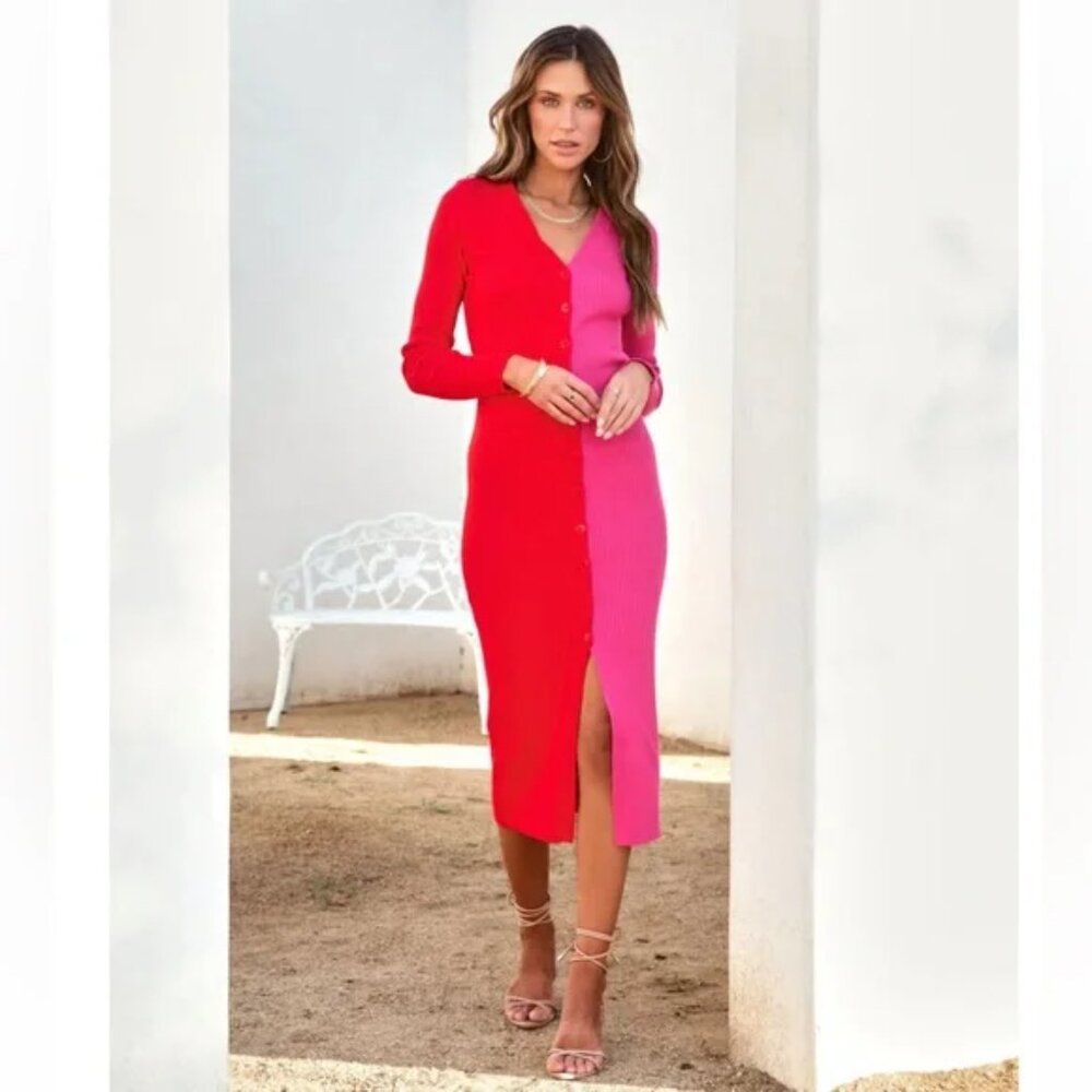 Sassy Pink Red Ribbed Colorblock Button Up Midi Dress